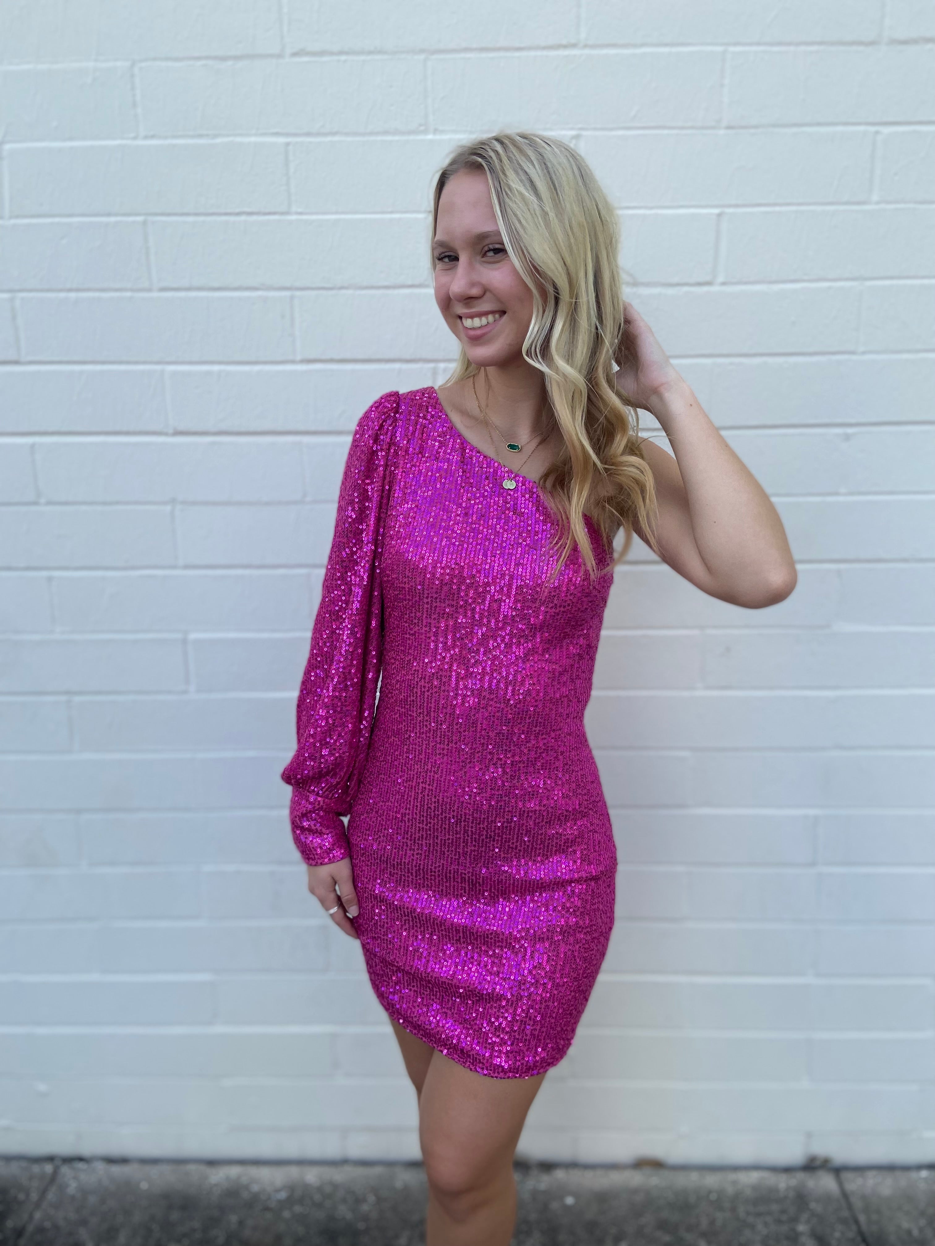 One Shoulder Puff Sleeve Sequin Mini Dress